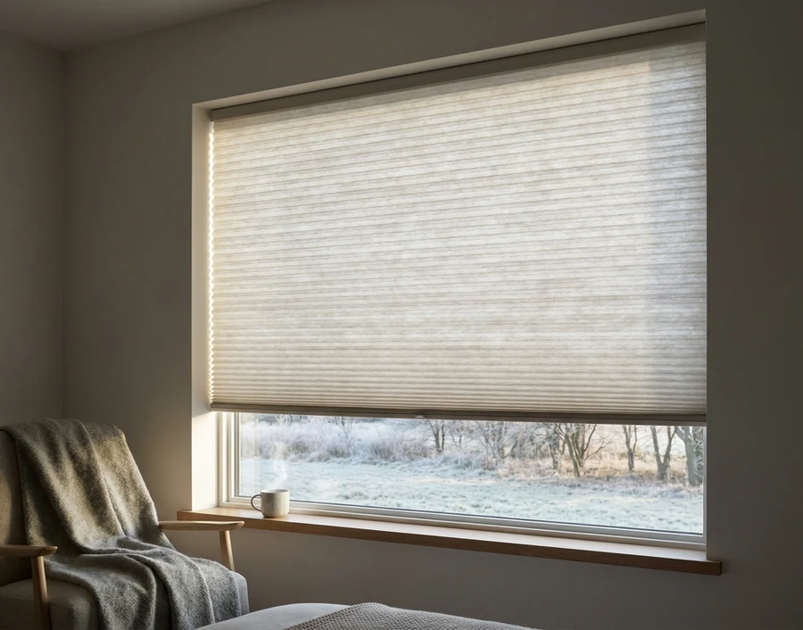 Cellular honeycomb blind lowered over a bedroom window on a cold Highveld morning, straight-on view of the pleated fabric's texture