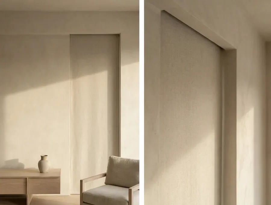 Concealed blind dropping from a slim ceiling recess with no visible headbox or brackets