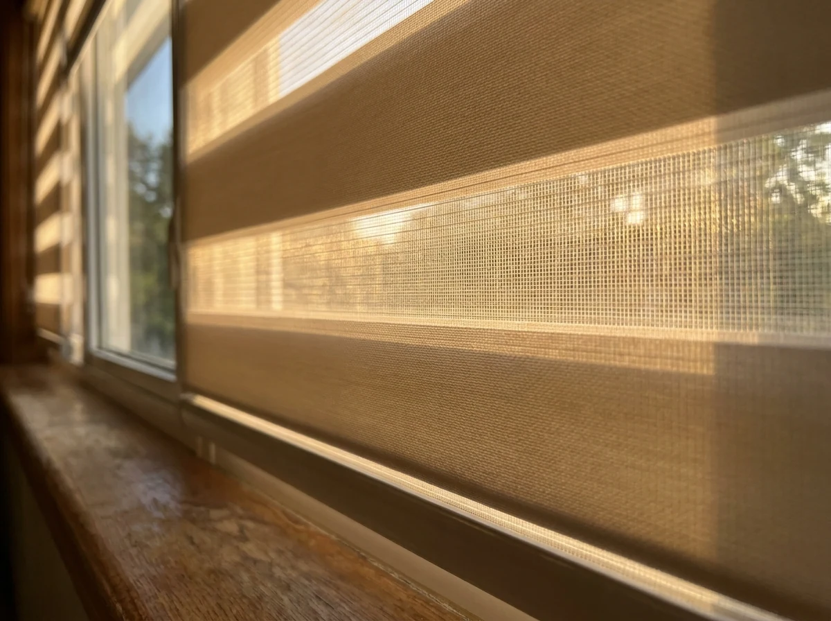 Close-up of a day-night blind's alternating sheer and solid fabric bands, warm afternoon light glowing through the sheer strips