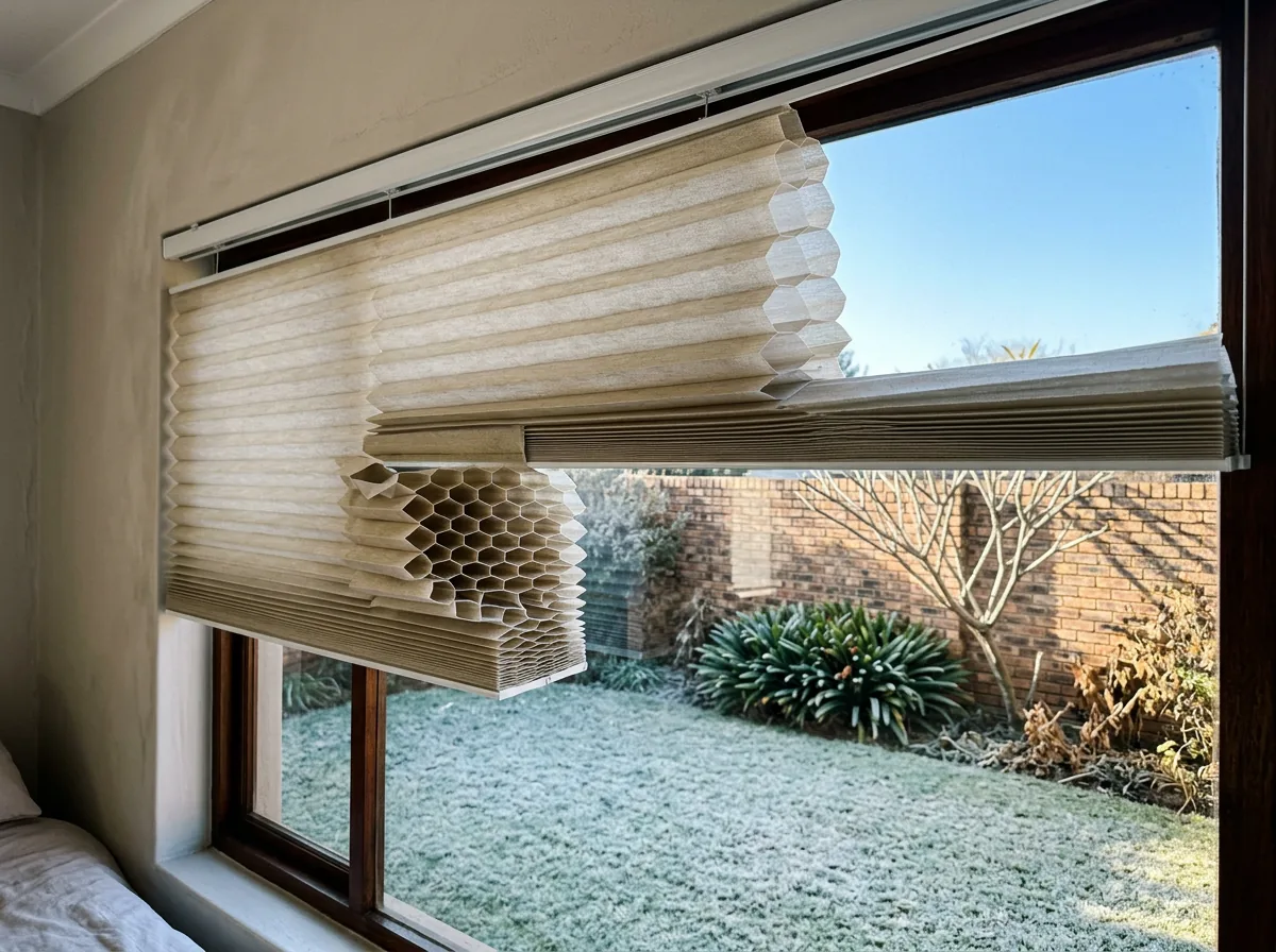 Cellular honeycomb blind lowered halfway across a bedroom window, its hexagonal air cells clearly visible in cross-section, with frost lying on the lawn and a face-brick garden wall beyond the glass