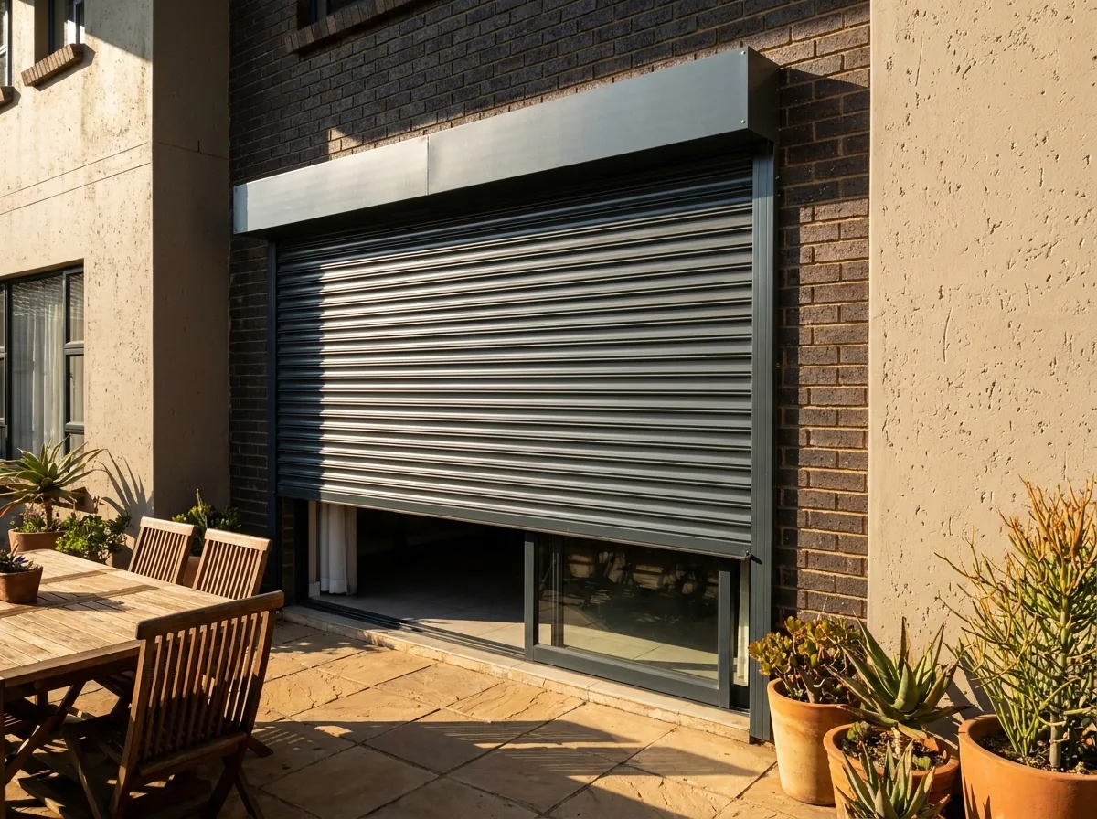 External aluminium roller shutter with rigid horizontal slats lowered two-thirds of the way down the outside of a west-facing patio sliding door, running in side guides from a headbox above the opening