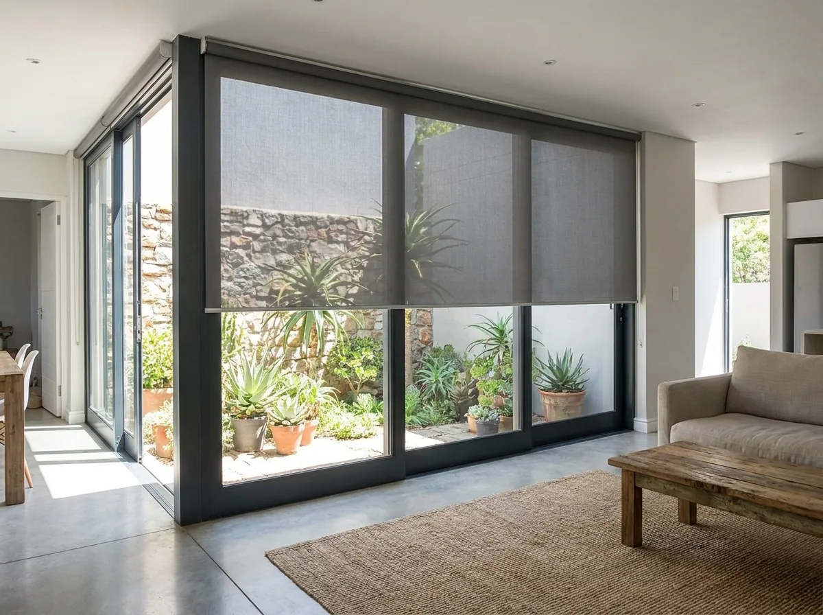 Open-plan living room with three sunscreen roller blinds lowered over a wide sliding door, each one a single flat panel of open-weave mesh on a tube, the courtyard garden and stone wall still clearly visible through the fabric