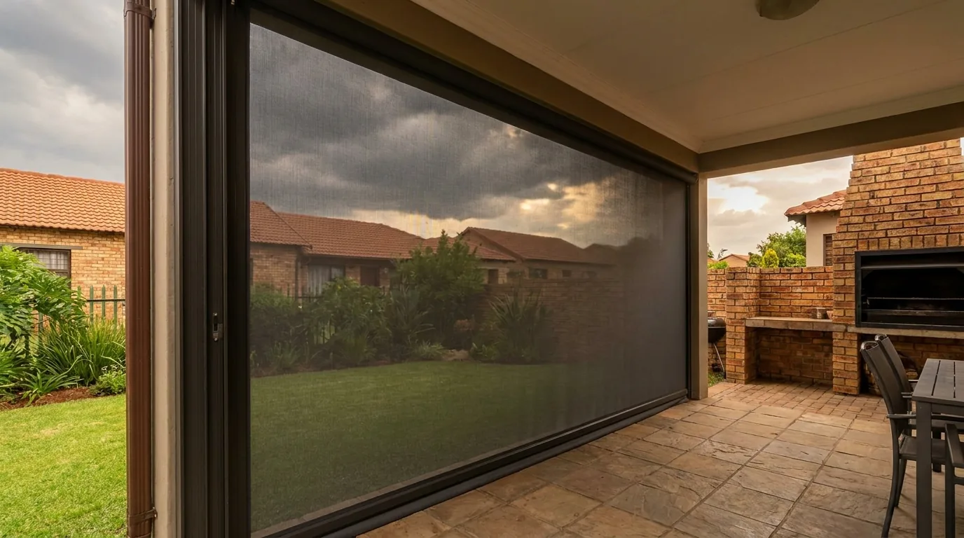 Covered townhouse patio with a zip screen lowered across the open west side, one flat sheet of taut outdoor mesh held in aluminium side channels, complex homes and building thunderstorm clouds visible through the weave