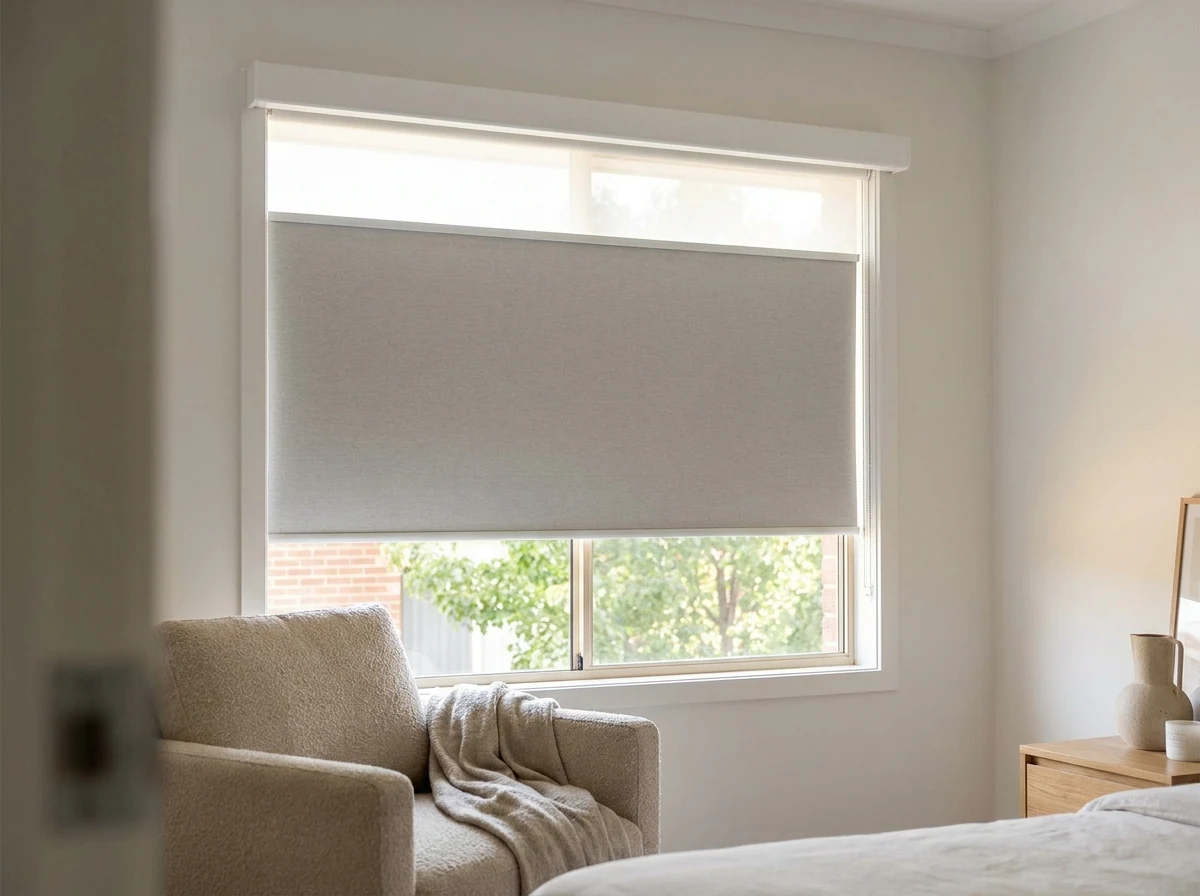Bedroom in a Rivonia home with a blockout roller blind lowered three-quarters of the way, soft daylight glowing along the top edge