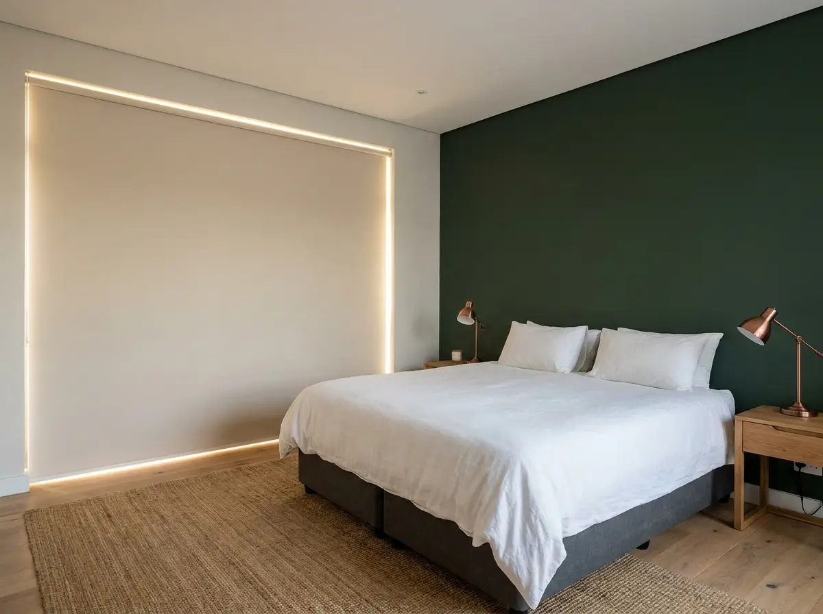 Rivonia bedroom with a blockout roller blind fully lowered over the window, daylight showing only as a thin line around its edges