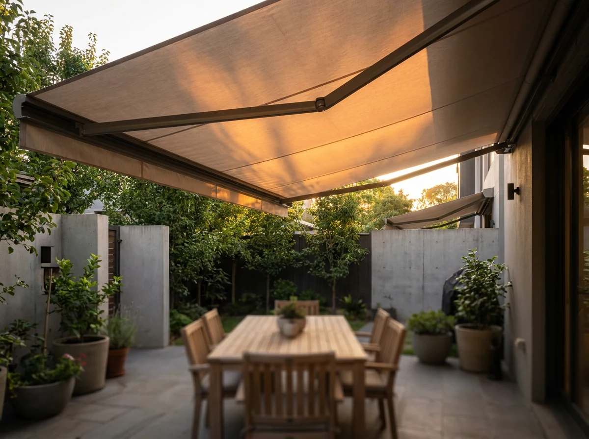 Covered patio at a Rivonia townhouse with a folding-arm awning extended overhead, warm early-evening light along the canopy